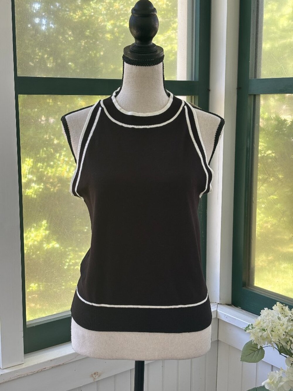 Miholl Black Knit Tank White Contrast Trim NWT Large Old Money Aesthetic